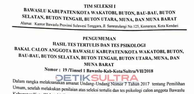 Pengumuman Hasil Tes BAwaslu