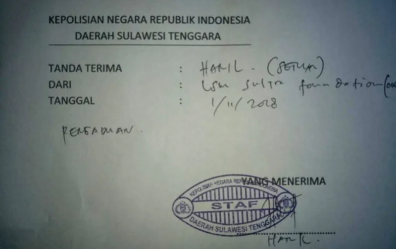 Tanda Terima Laporan LSM Sultra Foundation