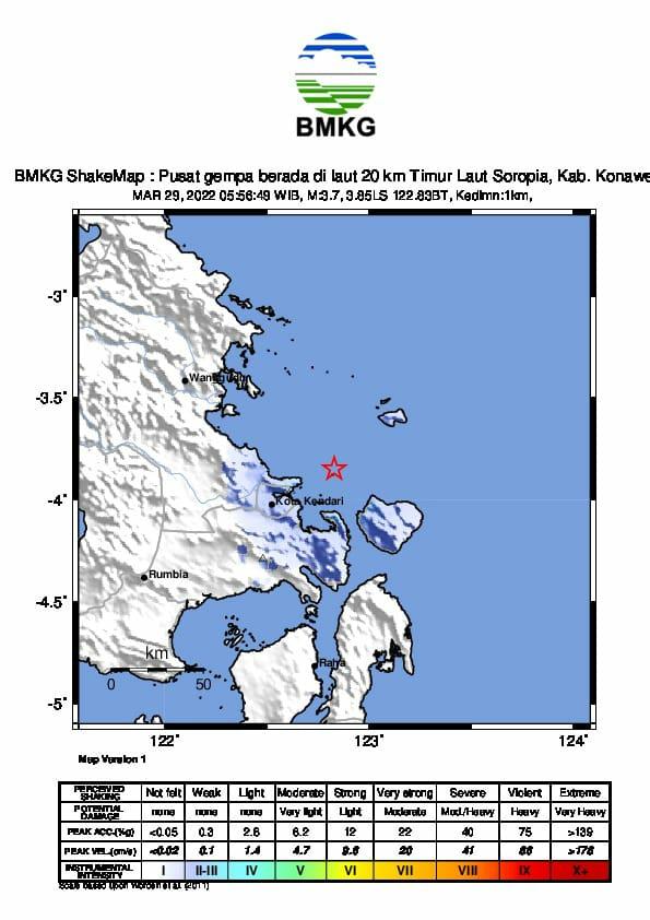 Pagi Ini, Gempa Bumi 3,7 SR Kembali Guncang Soropia, Konawe