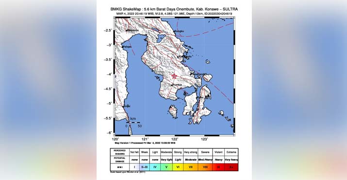 Onembute Kabupaten Konawe Diguncang Gempa Bumi Berkekuatan Magnitudo 2.8