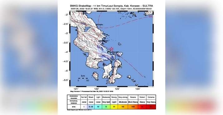 Aktivitas gempa bumi tektonik berkekuatan 4.3 magnitudo pada pukul 17.54 Wita, Sabtu (26/3/2022). Foto: istimewa