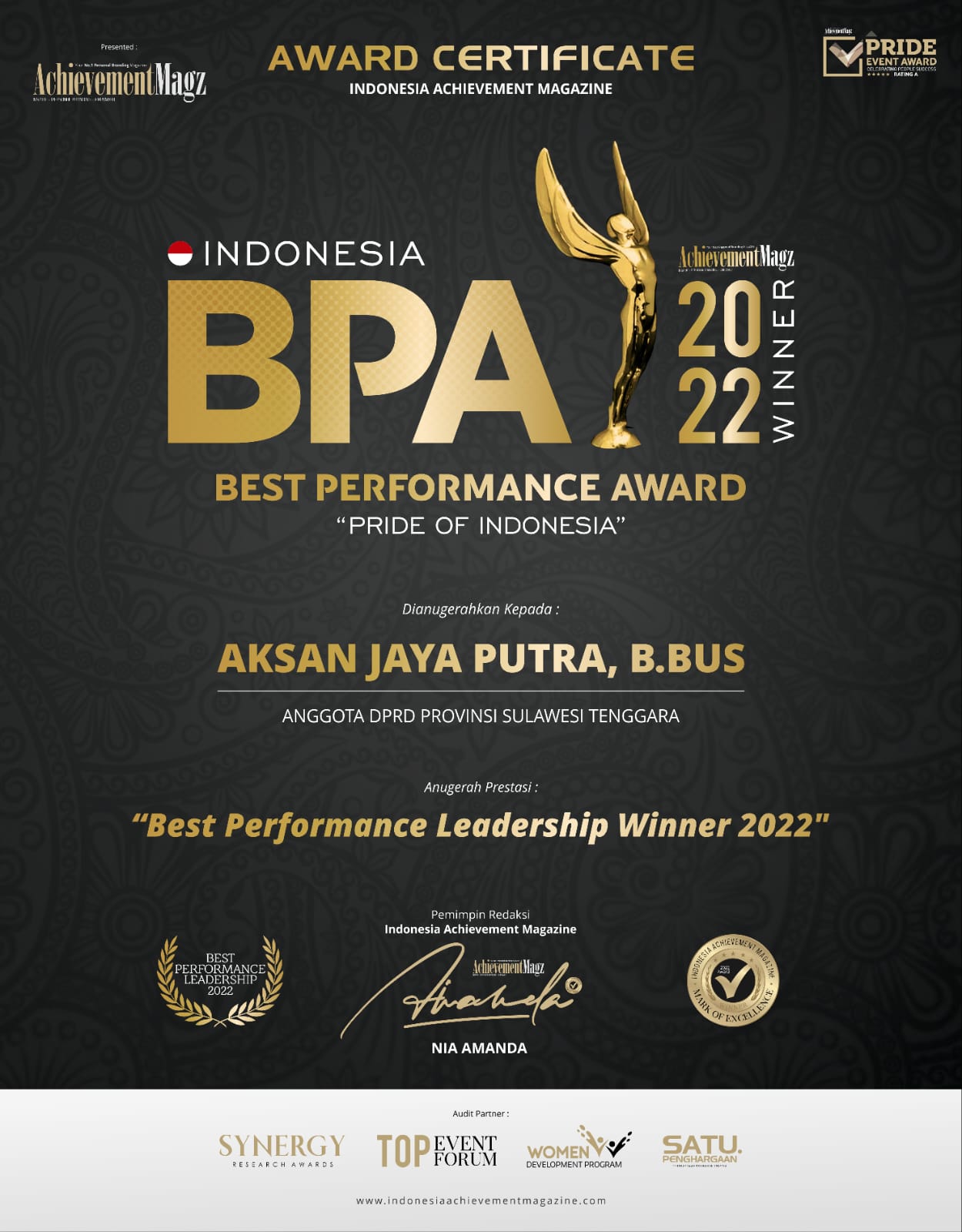 Indonesia Achievement Magazine Menganugerahi AJP Penghargaan Best Leadership 2022