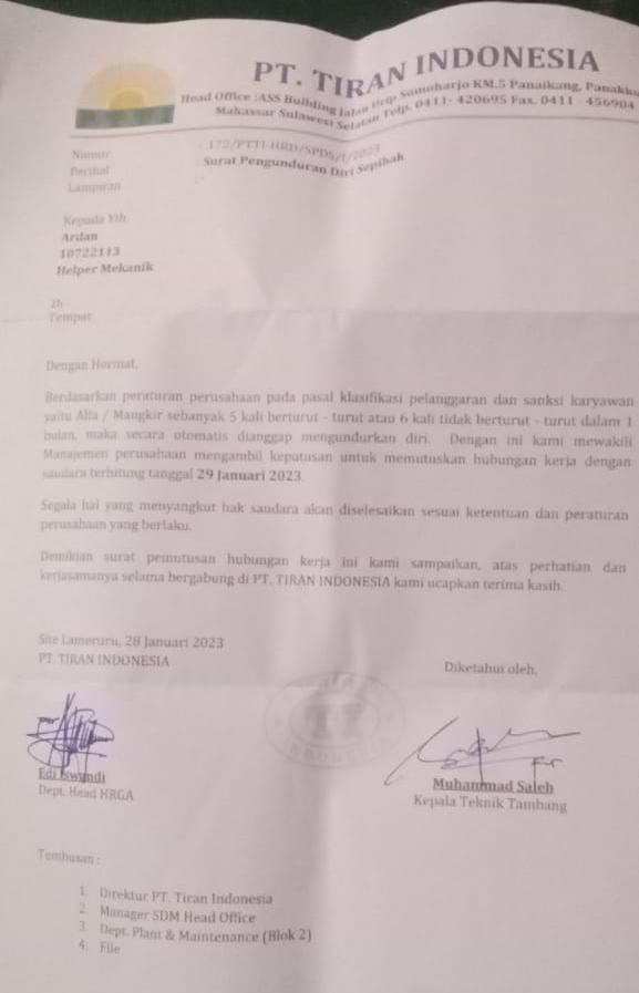 Cerita Eks Karyawan PT Tiran Indonesia di Konawe Utara, Dipecat Secara Sepihak