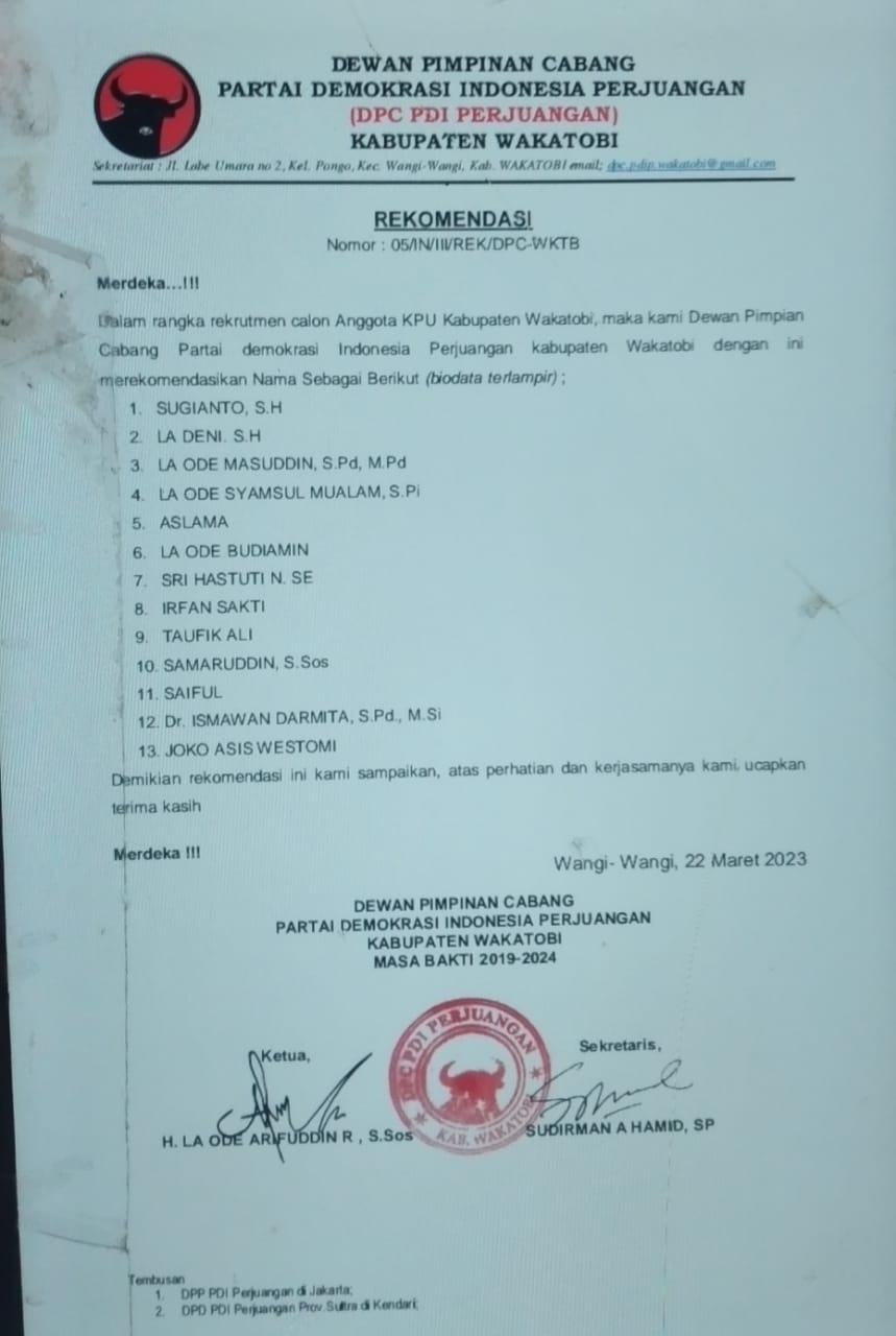 PDIP Bantah Rekomendasikan 13 Nama Calon Anggota KPU Wakatobi ke Timsel