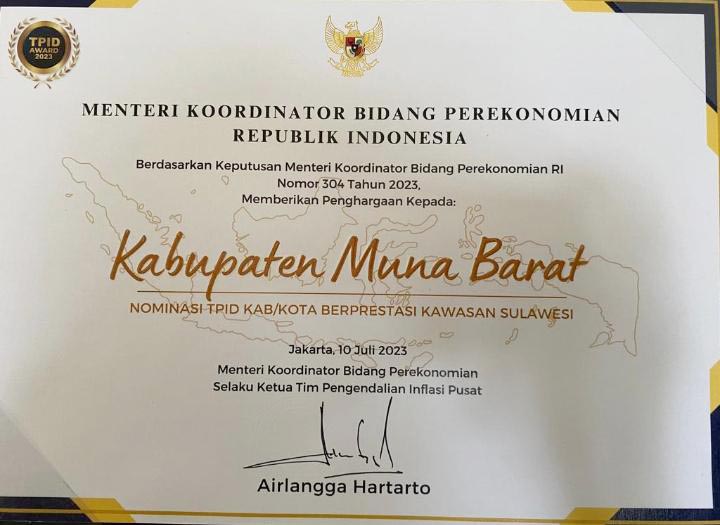 Masuk Nominasi TPID Berprestasi se-Sulawesi, Pemkab Mubar Raih Penghargaan dari Kemenko Perekonomian