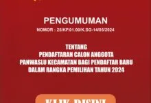 Pengumuman Pendaftaran Calon Anggota Panwaslu Kecamatan Bagi Pendaftar Baru Dalam Rangka Pemilihan Tahun 2024