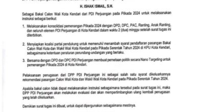 Terima Surat Tugas Tunggal dari PDI-P, Ishak Ismail Kian Serius Tatap Pilwali Kendari