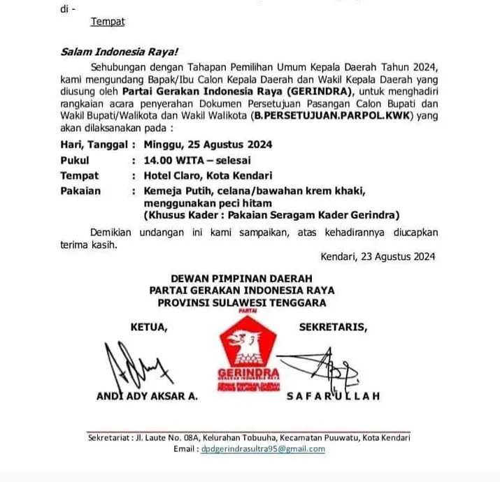 Jelang Pendaftaran ke KPU Muna, Rajiun-Purnama Bakal Terima B1 KWK Partai Gerindra