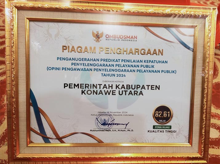 Pemda Konut Raih Predikat Penilaian Kepatuhan Penyelenggaraan Pelayanan Publik