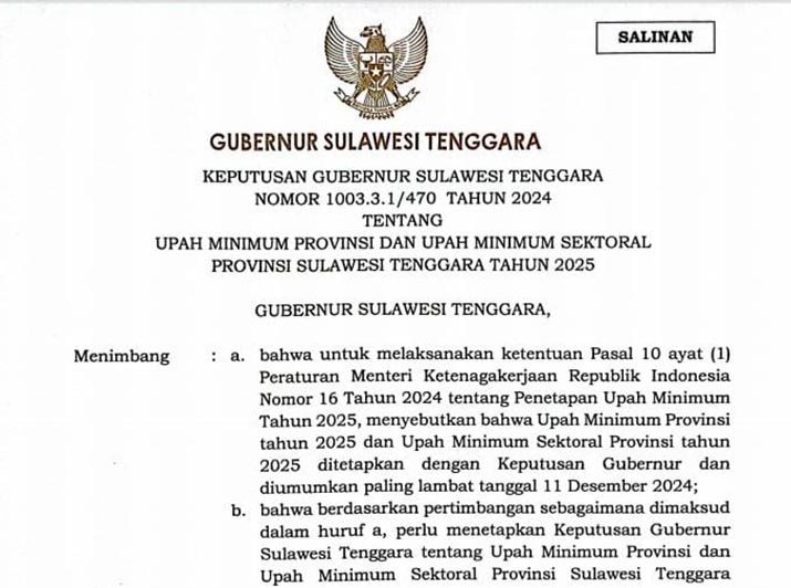 UMP Sultra Naik Rp187 Ribu pada 2025, Berlaku Mulai 1 Januari