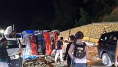 Sebuah Truk Bermuatan Coklat Terbalik di Jalan Poros Kolaka-Kolaka Utara