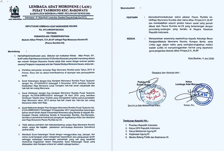 Hasil Musyawarah Adat Moronene Dapat Legitimasi dari Sultan Buton, Raja Moronene Rumbia ke-VII Resmi Turun Tahta