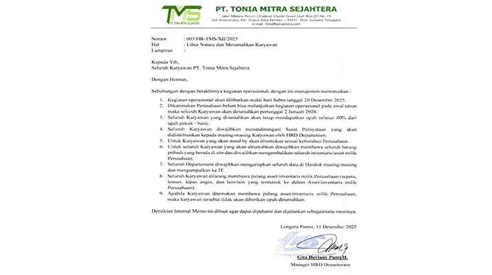 Beredar Surat Pemberitahuan, PT TMS Rumahkan Seluruh Karyawannya Mulai 2 Januari 2026