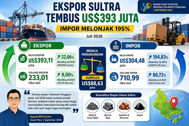 Ekspor Sultra Juli 2026 Tembus US$393 Juta, Impor Melonjak 195 Persen